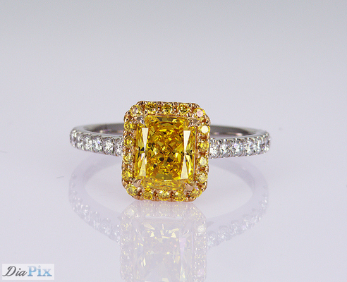 1.1ct Radiant Shape Fancy Vivid Yellow Lab Created Diamond Ring 18K Gold Set