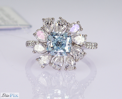 3.284ct Cushion Cut Sky Blue CVD Synthetic Diamond Rings Luxury 18K White Gold Set