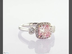 Classic Three Stone Style Main Stone 1.61ct Fancy Pink CVD Lab Grown Diamond Cushion Cut 18K White G
