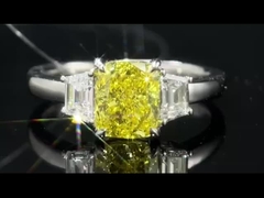 HPHT 1.22ct three stone style radiant yellow lab grown diamond ring 18k gold